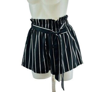 SHEIN Women's Shorts Polyester Black White Striped Tie Belt Stretch Waist Size M
